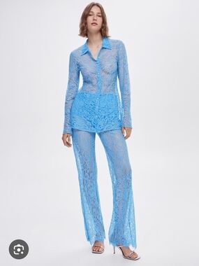 Mango Sheer Lace Button-Up Shirt and Pants Set in Sky Blue